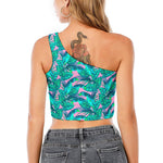 Pink Teal Tropical Leaf Pattern Print One Shoulder Crop Top