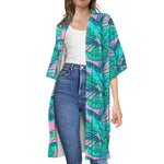 Pink Teal Tropical Leaf Pattern Print Open Front Beach Cover Up