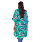 Pink Teal Tropical Leaf Pattern Print Open Front Beach Cover Up