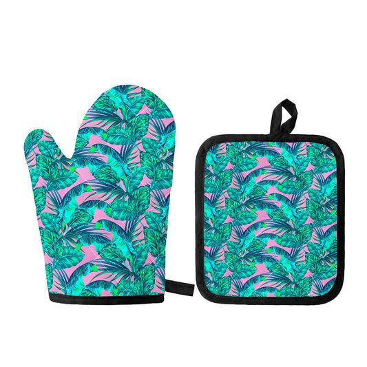 Pink Teal Tropical Leaf Pattern Print Oven Mitt And Pot Holder Set