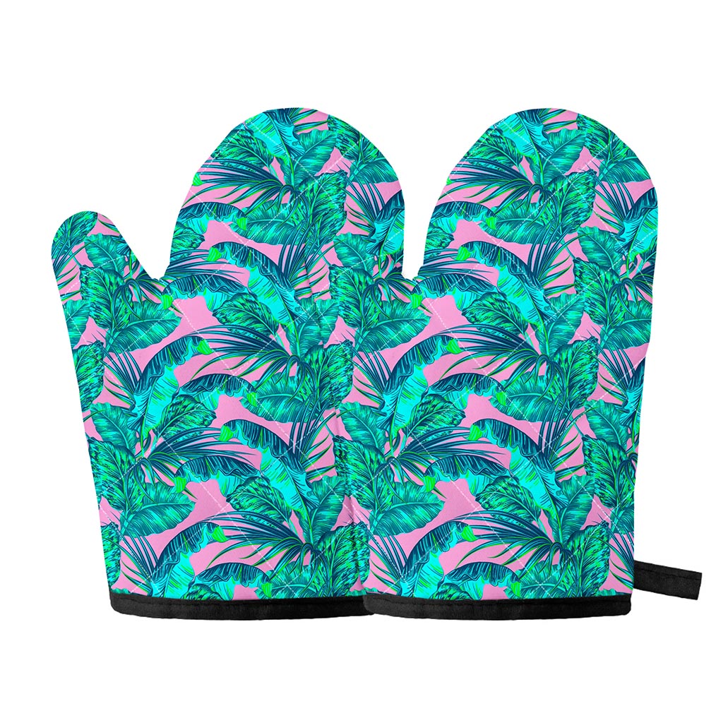 Pink Teal Tropical Leaf Pattern Print Oven Mitts