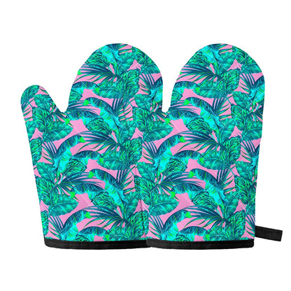 Pink Teal Tropical Leaf Pattern Print Oven Mitts