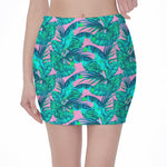 Pink Teal Tropical Leaf Pattern Print Pencil Mini Skirt
