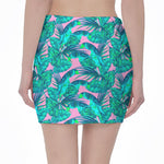 Pink Teal Tropical Leaf Pattern Print Pencil Mini Skirt