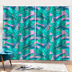 Pink Teal Tropical Leaf Pattern Print Pencil Pleat Curtains