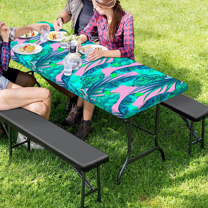 Pink Teal Tropical Leaf Pattern Print Picnic Table Cover