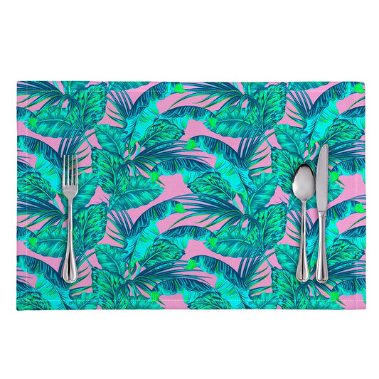 Pink Teal Tropical Leaf Pattern Print Placemat