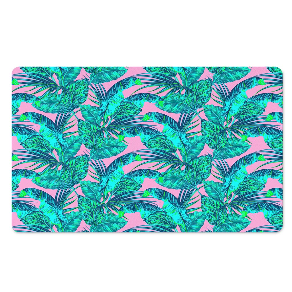 Pink Teal Tropical Leaf Pattern Print Polyester Doormat