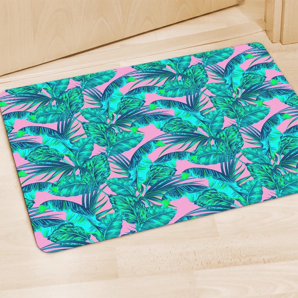 Pink Teal Tropical Leaf Pattern Print Polyester Doormat