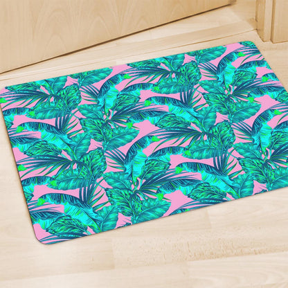 Pink Teal Tropical Leaf Pattern Print Polyester Doormat