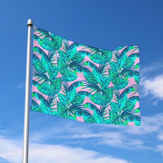 Pink Teal Tropical Leaf Pattern Print Polyester Flag