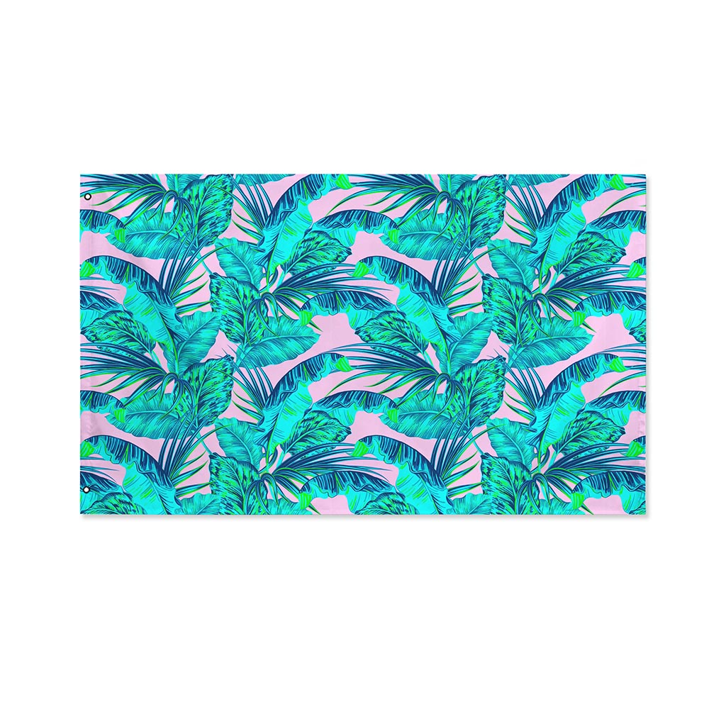 Pink Teal Tropical Leaf Pattern Print Polyester Flag