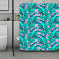 Pink Teal Tropical Leaf Pattern Print Polyester Shower Curtain