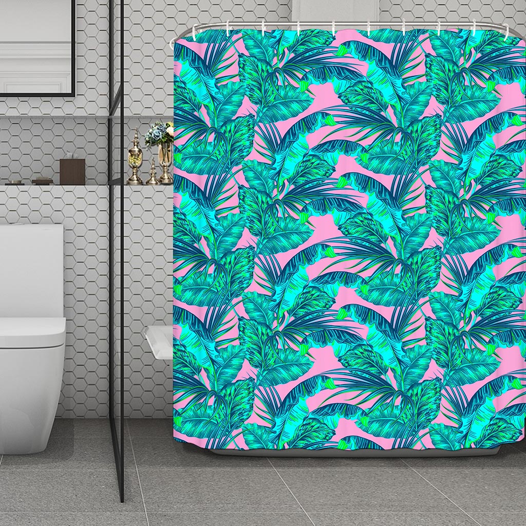 Pink Teal Tropical Leaf Pattern Print Polyester Shower Curtain