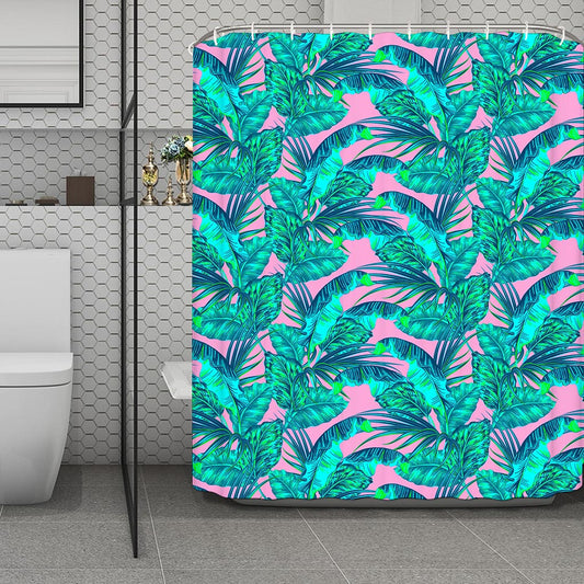 Pink Teal Tropical Leaf Pattern Print Polyester Shower Curtain