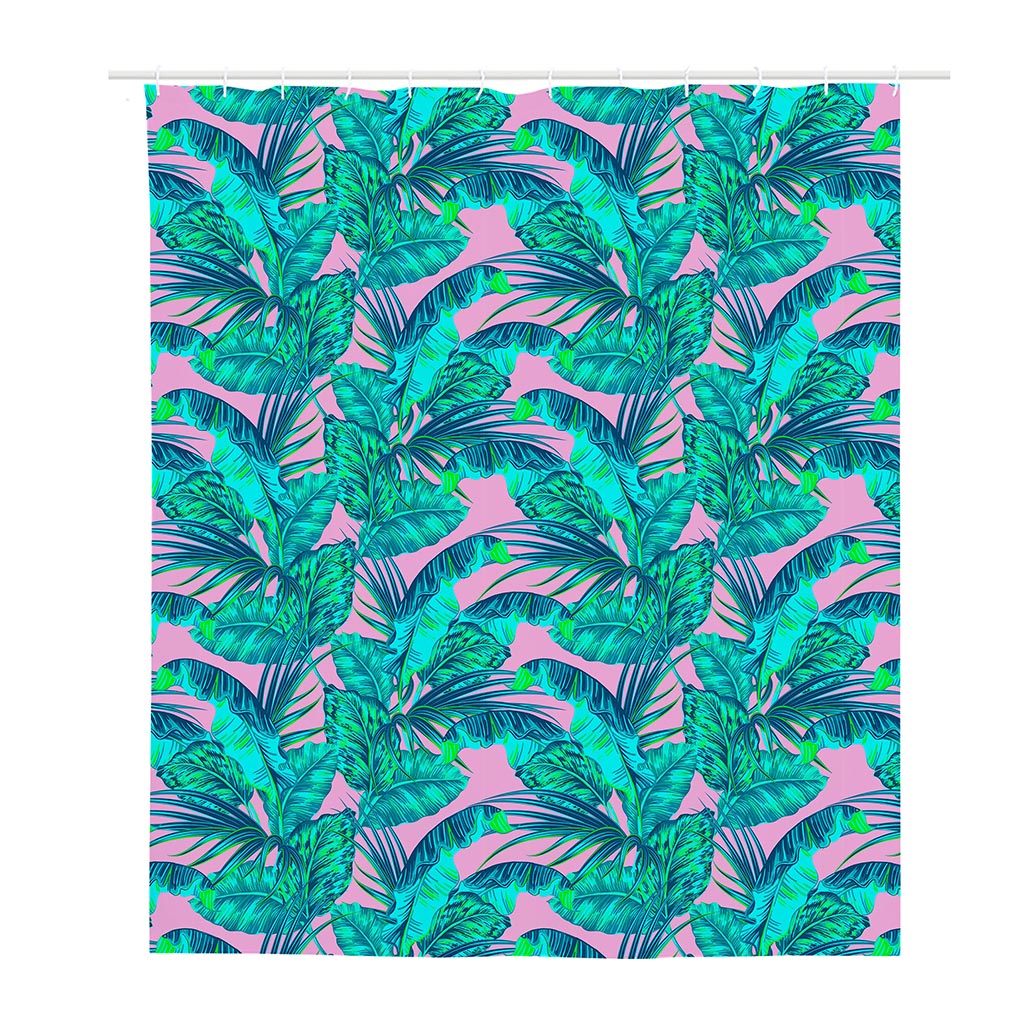 Pink Teal Tropical Leaf Pattern Print Polyester Shower Curtain