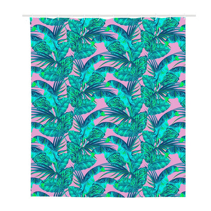 Pink Teal Tropical Leaf Pattern Print Polyester Shower Curtain