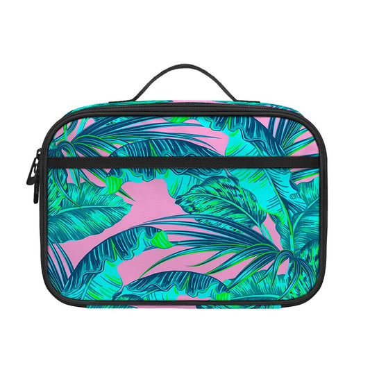 Pink Teal Tropical Leaf Pattern Print Portable Lunch Bag