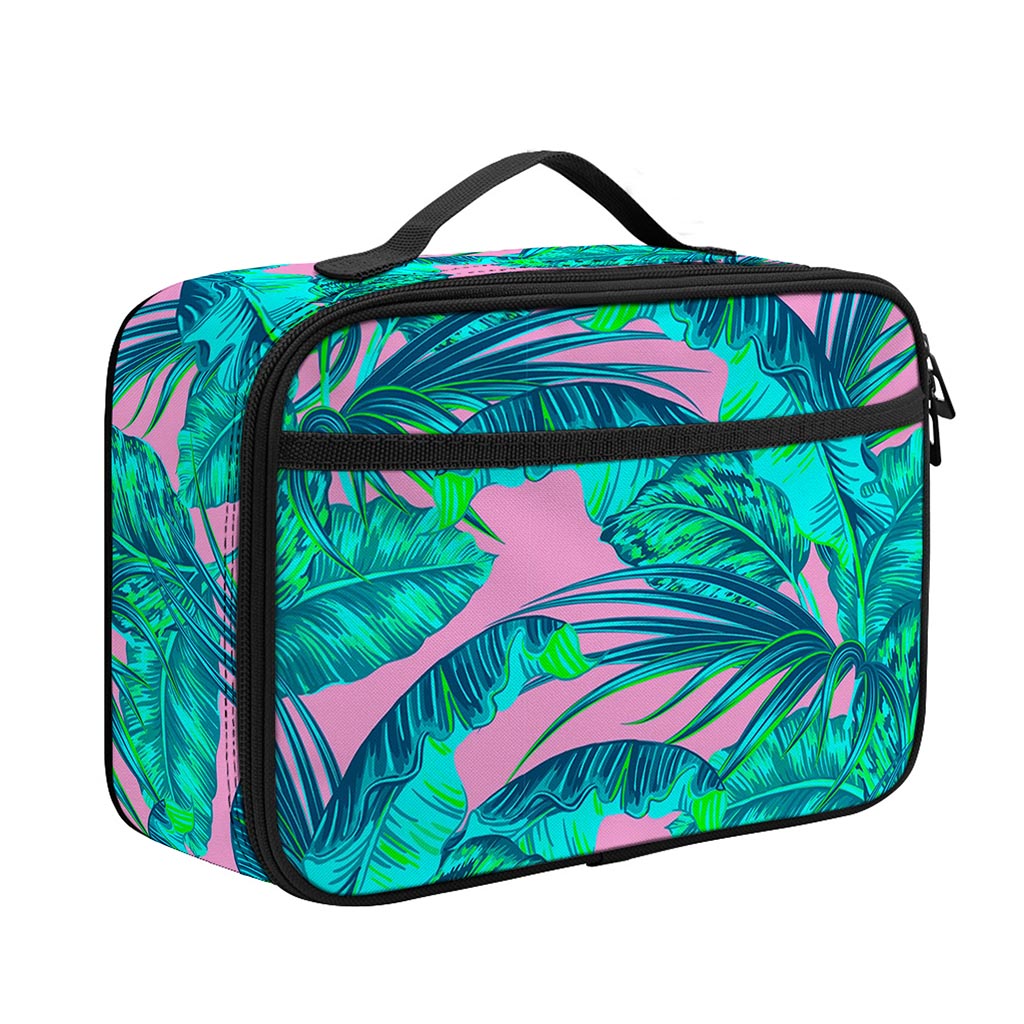 Pink Teal Tropical Leaf Pattern Print Portable Lunch Bag