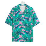 Pink Teal Tropical Leaf Pattern Print Rayon Hawaiian Shirt