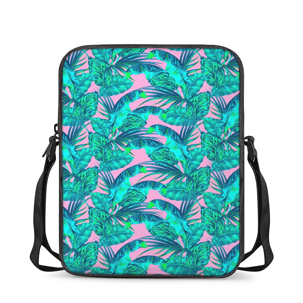 Pink Teal Tropical Leaf Pattern Print Rectangular Crossbody Bag