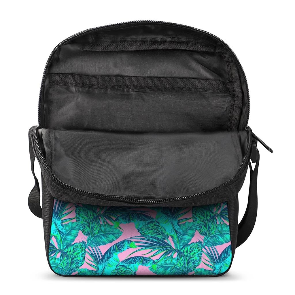 Pink Teal Tropical Leaf Pattern Print Rectangular Crossbody Bag