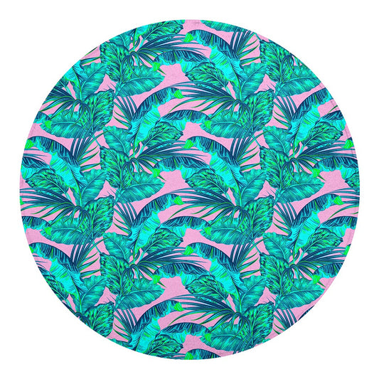 Pink Teal Tropical Leaf Pattern Print Round Blanket