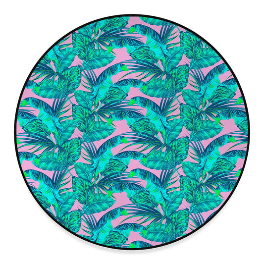 Pink Teal Tropical Leaf Pattern Print Round Floor Mat