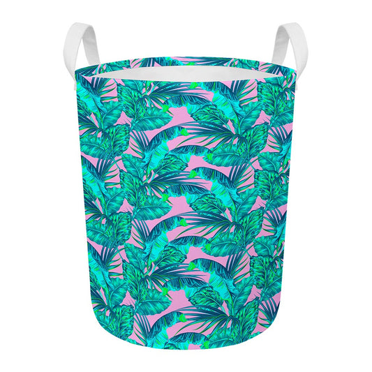 Pink Teal Tropical Leaf Pattern Print Round Laundry Basket