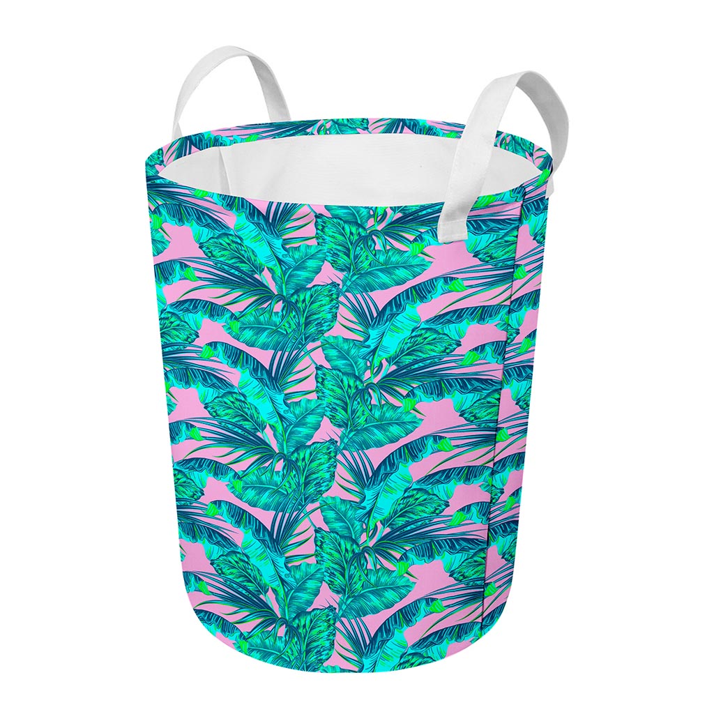 Pink Teal Tropical Leaf Pattern Print Round Laundry Basket