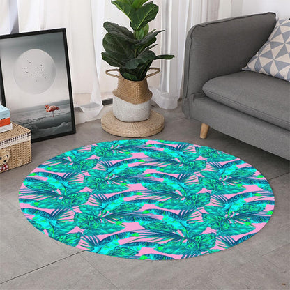 Pink Teal Tropical Leaf Pattern Print Round Rug