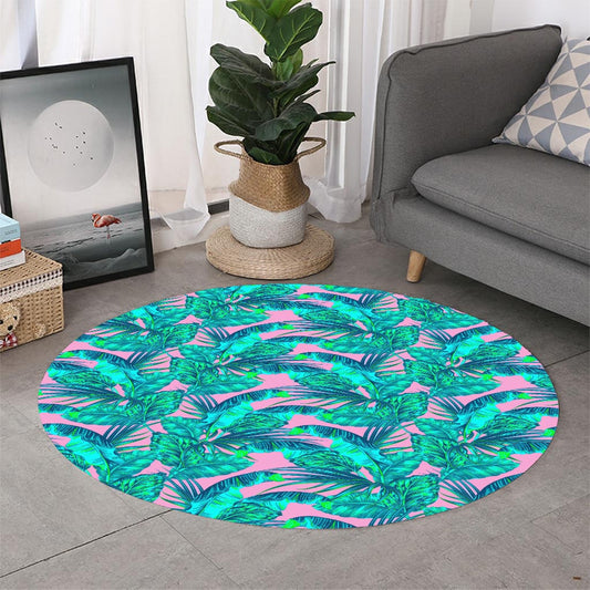 Pink Teal Tropical Leaf Pattern Print Round Rug