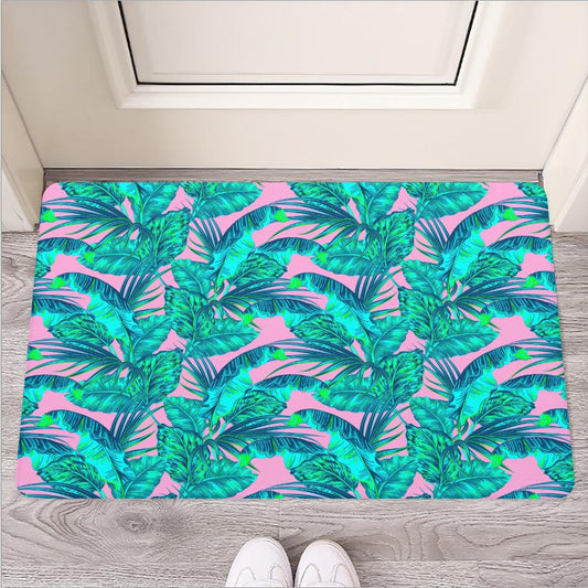 Pink Teal Tropical Leaf Pattern Print Rubber Doormat