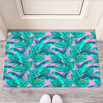 Pink Teal Tropical Leaf Pattern Print Rubber Doormat