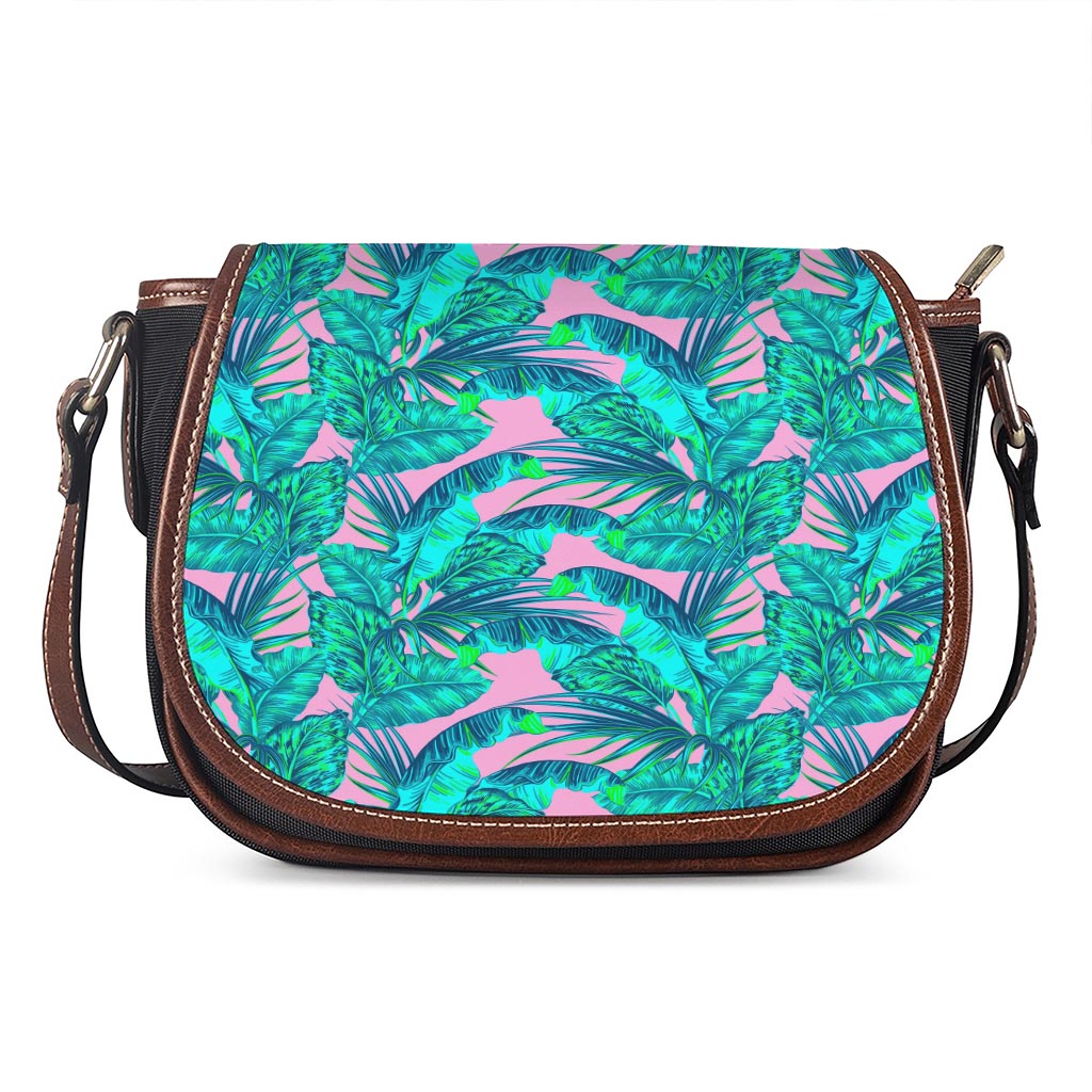 Pink Teal Tropical Leaf Pattern Print Saddle Bag