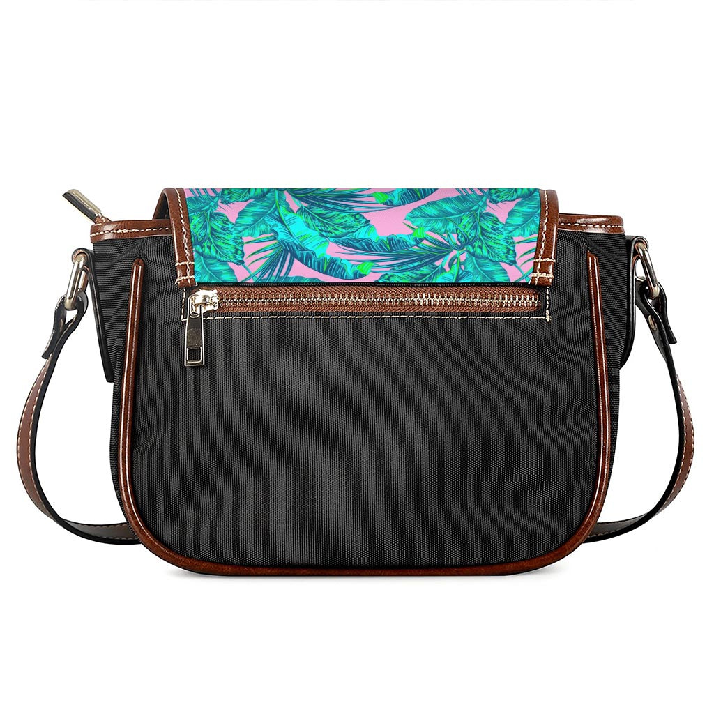 Pink Teal Tropical Leaf Pattern Print Saddle Bag