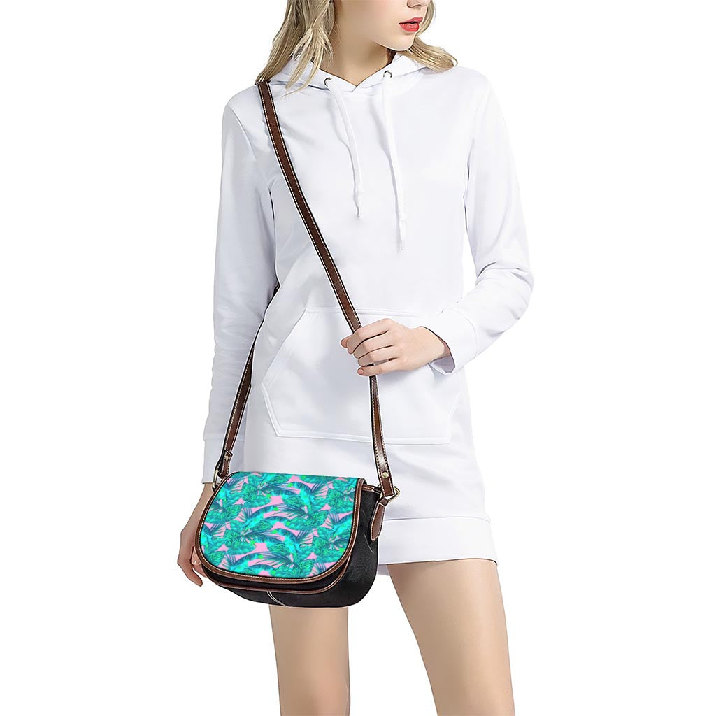 Pink Teal Tropical Leaf Pattern Print Saddle Bag