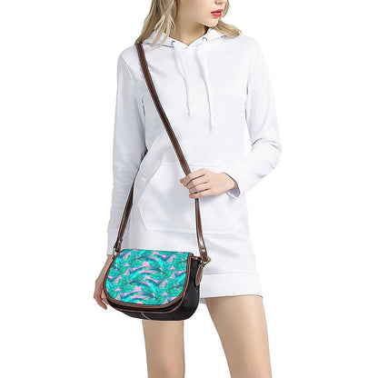 Pink Teal Tropical Leaf Pattern Print Saddle Bag