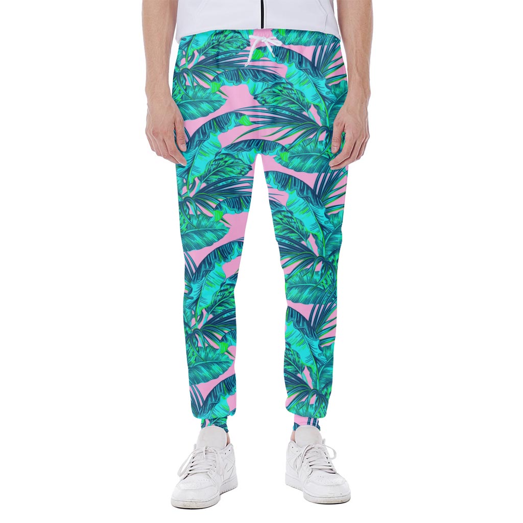 Pink Teal Tropical Leaf Pattern Print Scuba Joggers