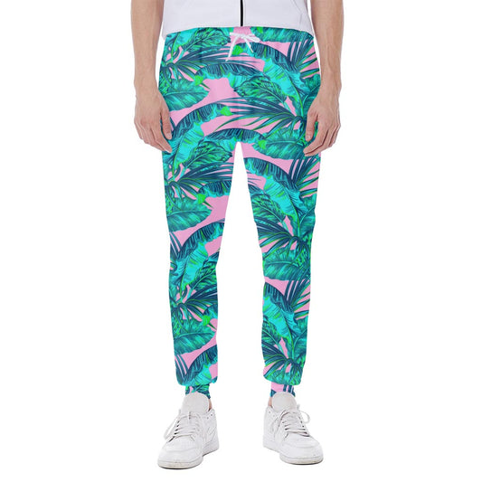 Pink Teal Tropical Leaf Pattern Print Scuba Joggers