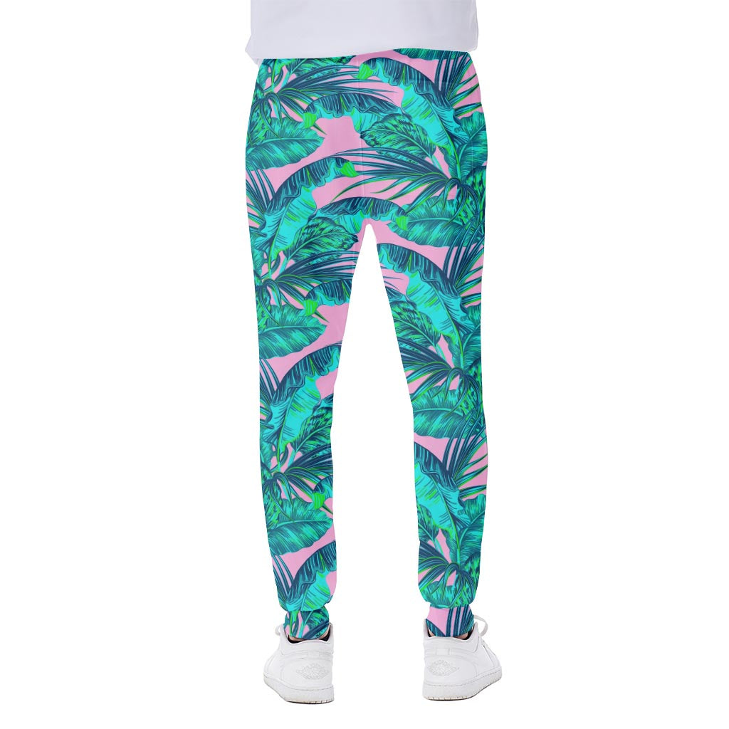 Pink Teal Tropical Leaf Pattern Print Scuba Joggers