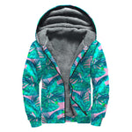 Pink Teal Tropical Leaf Pattern Print Sherpa Lined Zip Up Hoodie