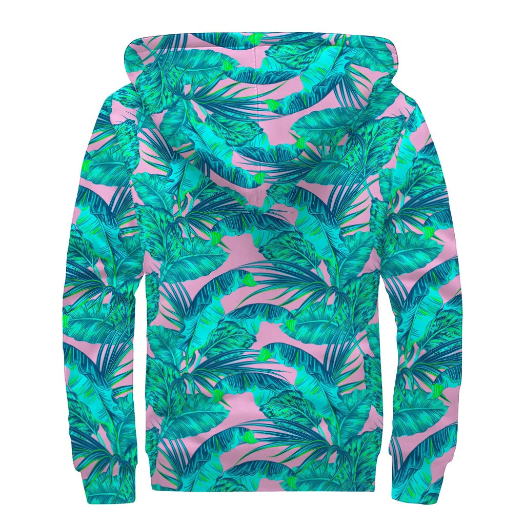 Pink Teal Tropical Leaf Pattern Print Sherpa Lined Zip Up Hoodie