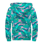 Pink Teal Tropical Leaf Pattern Print Sherpa Lined Zip Up Hoodie