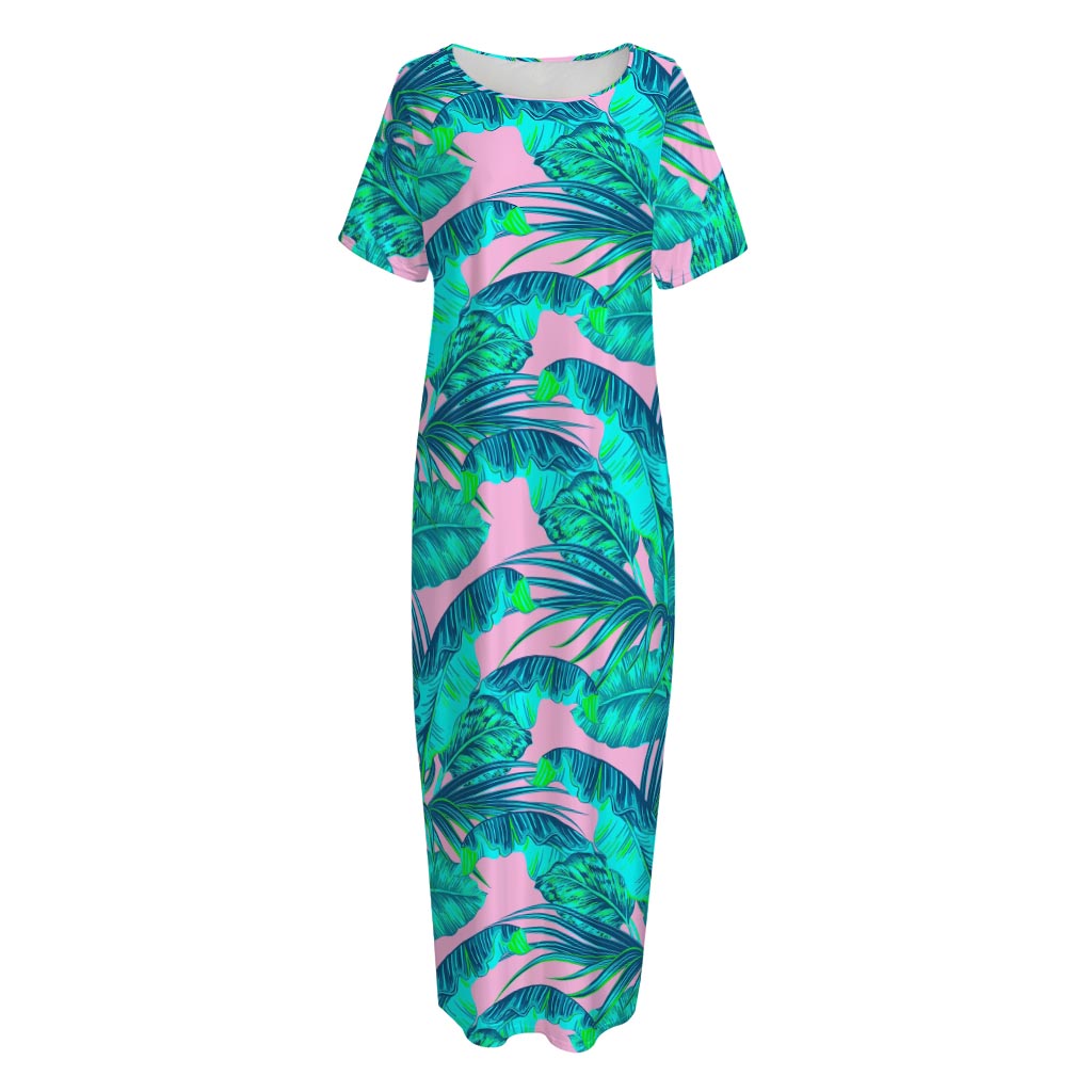 Pink Teal Tropical Leaf Pattern Print Short Sleeve Long Nightdress