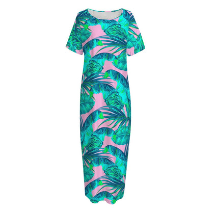 Pink Teal Tropical Leaf Pattern Print Short Sleeve Long Nightdress