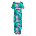 Pink Teal Tropical Leaf Pattern Print Short Sleeve Long Nightdress