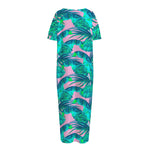 Pink Teal Tropical Leaf Pattern Print Short Sleeve Long Nightdress