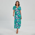 Pink Teal Tropical Leaf Pattern Print Short Sleeve Maxi Dress