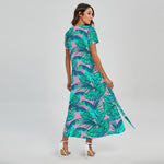 Pink Teal Tropical Leaf Pattern Print Short Sleeve Maxi Dress